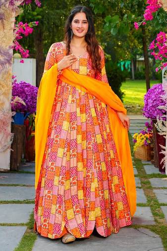 Multicolor digital printed rayon traditional anarkali gown with dupatta