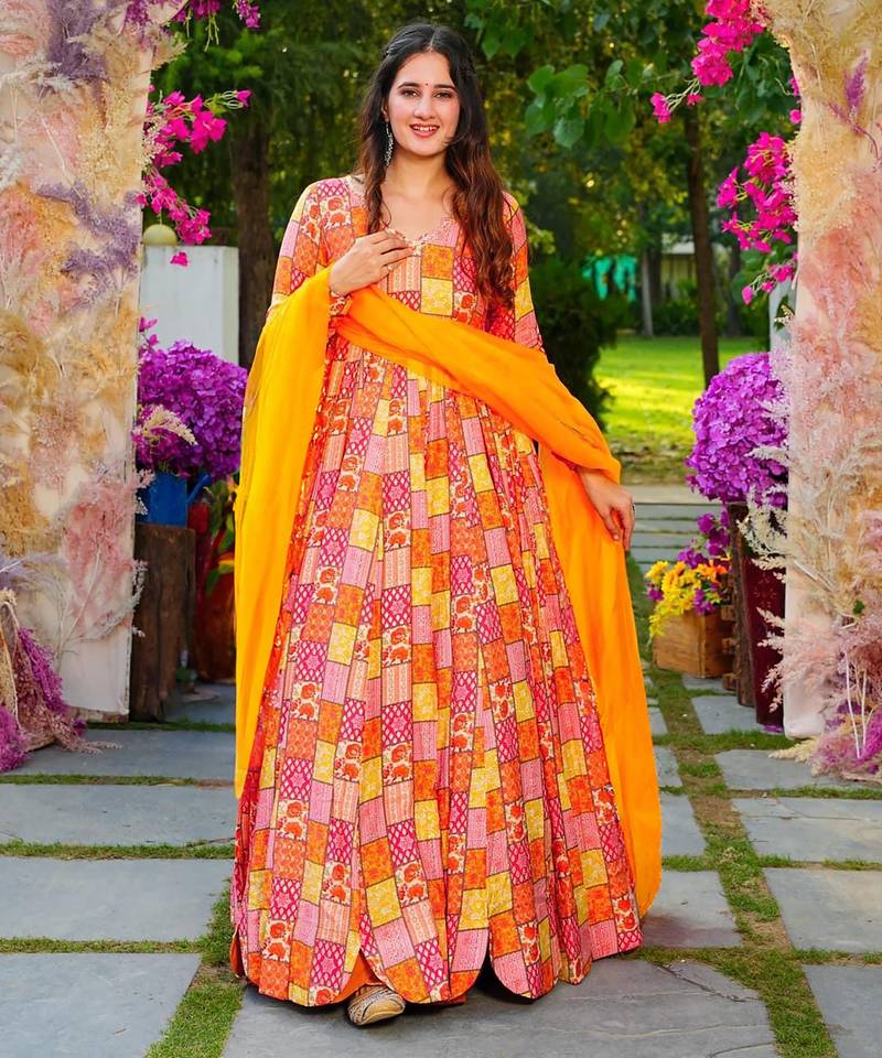 Multicolor digital printed rayon traditional anarkali gown with dupatta