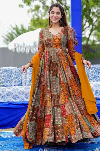 Multicolor digital printed rayon traditional anarkali gown with dupatta