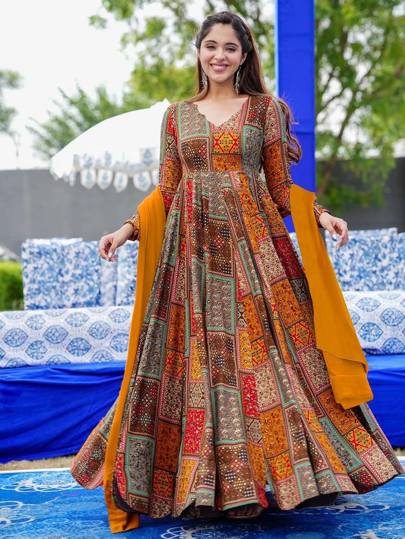 Multicolor digital printed rayon traditional anarkali gown with dupatta