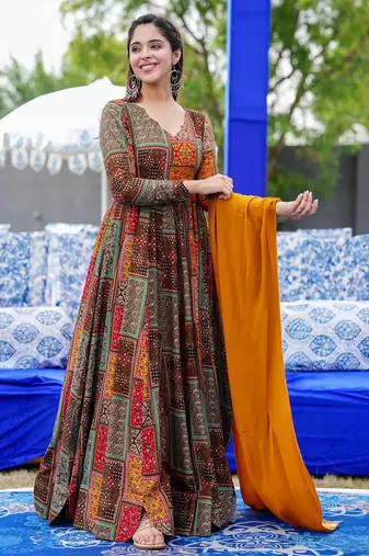 Multicolor digital printed rayon traditional anarkali gown with dupatta