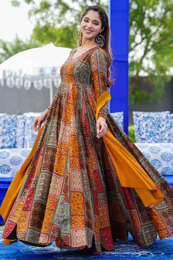 Multicolor digital printed rayon traditional anarkali gown with dupatta