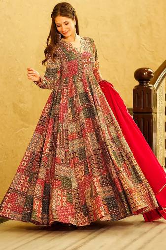 Red digital printed rayon traditional anarkali gown with dupatta