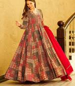 Red digital printed rayon traditional anarkali gown with dupatta