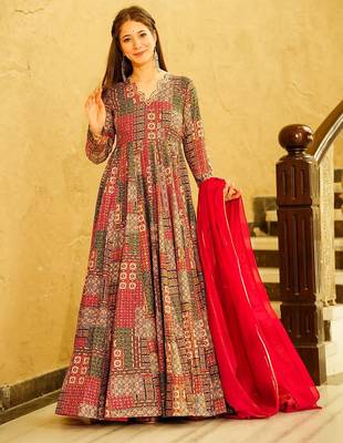 Red digital printed rayon traditional anarkali gown with dupatta 2