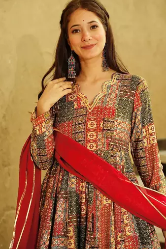 Red digital printed rayon traditional anarkali gown with dupatta