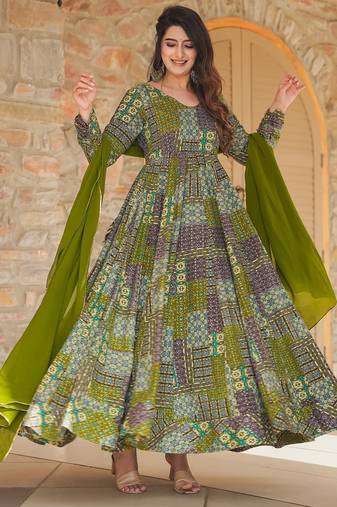 Green digital printed rayon traditional anarkali gown with dupatta