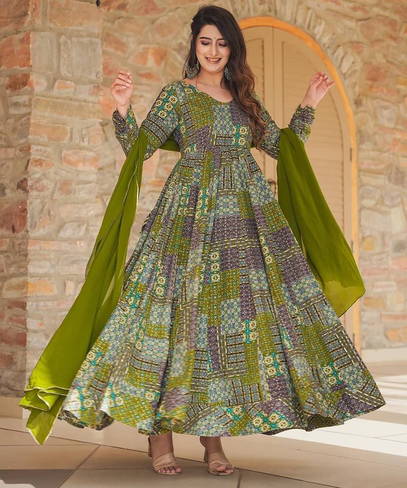 Green digital printed rayon traditional anarkali gown with dupatta