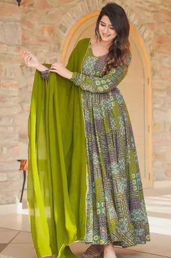 Green digital printed rayon traditional anarkali gown with dupatta