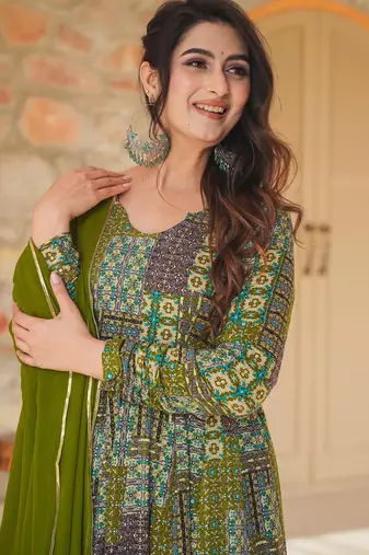 Green digital printed rayon traditional anarkali gown with dupatta
