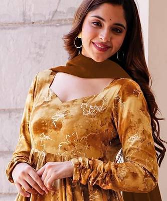 Mustard digital printed rayon traditional anarkali gown with dupatta 1