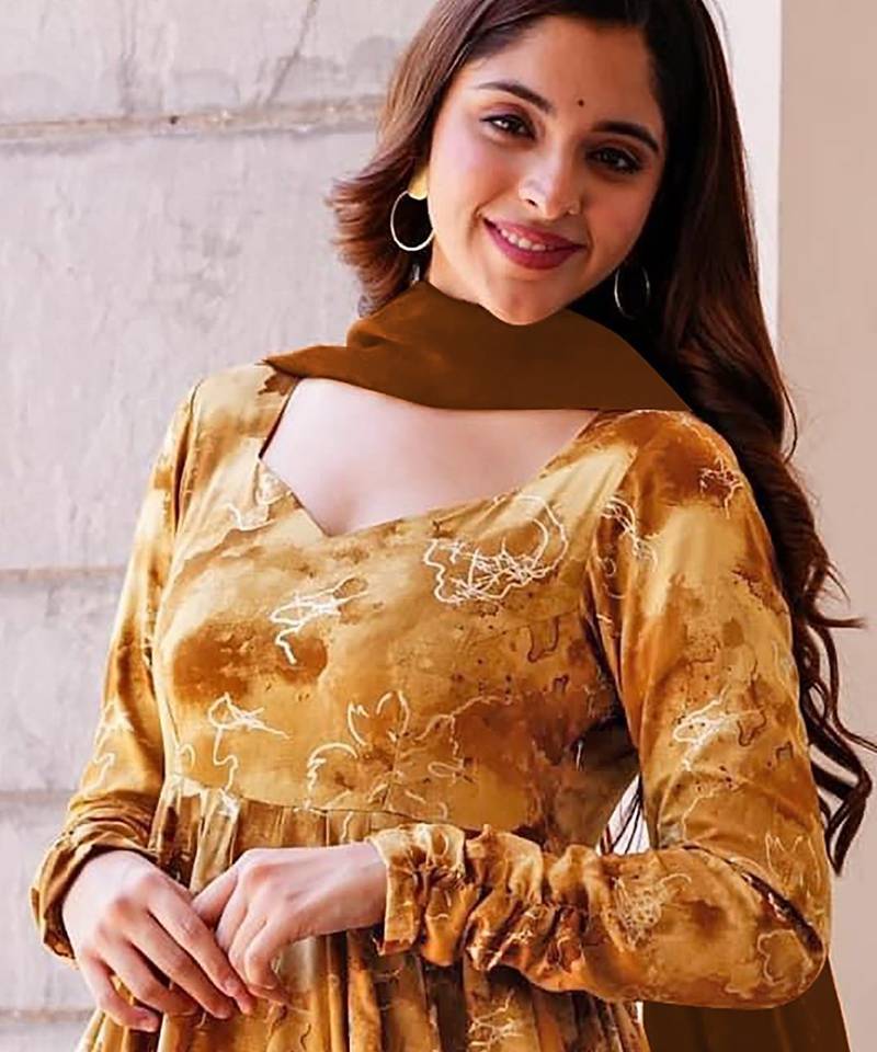 Mustard digital printed rayon traditional anarkali gown with dupatta