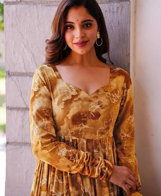 Mustard digital printed rayon traditional anarkali gown with dupatta 3