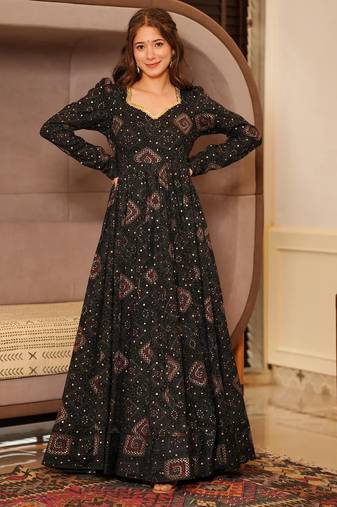 Black digital printed rayon traditional anarkali gown