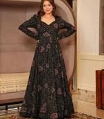 Black digital printed rayon traditional anarkali gown