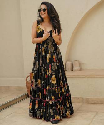 Black digital printed rayon traditional anarkali gown 1
