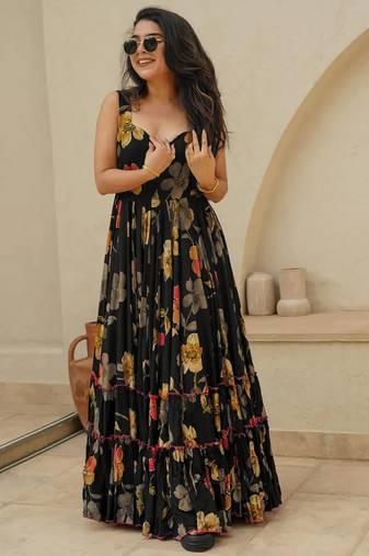 Black digital printed rayon traditional anarkali gown