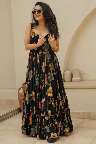 Black digital printed rayon traditional anarkali gown