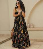 Black digital printed rayon traditional anarkali gown