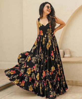 Black digital printed rayon traditional anarkali gown 2