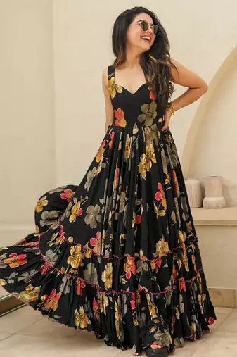 Black digital printed rayon traditional anarkali gown