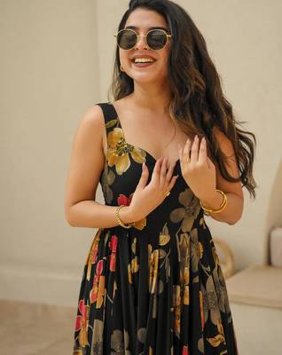 Black digital printed rayon traditional anarkali gown 3