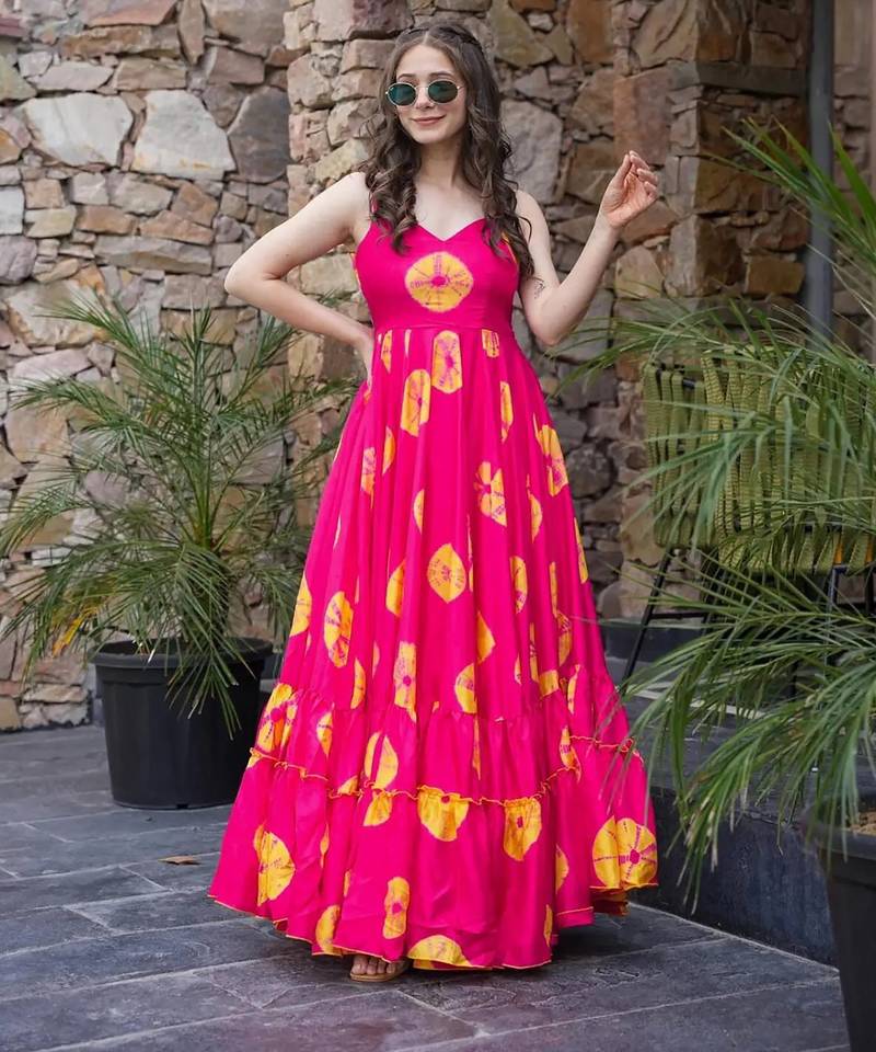 Pink digital printed rayon traditional anarkali gown