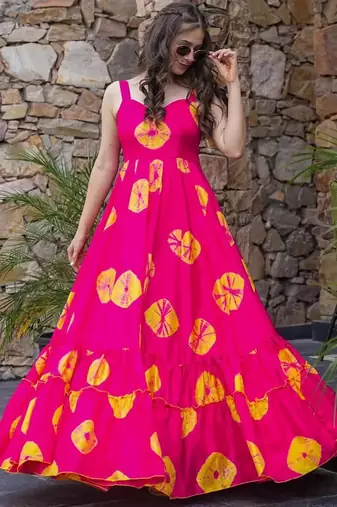 Pink digital printed rayon traditional anarkali gown