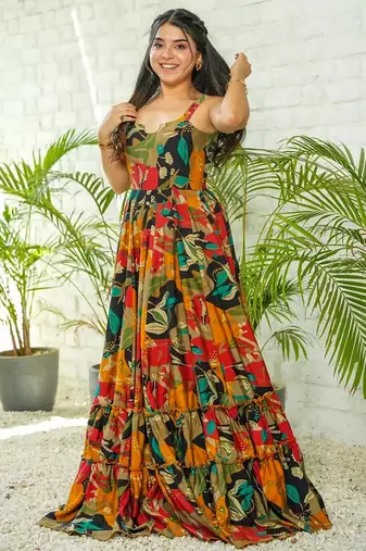 Multicolor digital printed rayon traditional anarkali gown