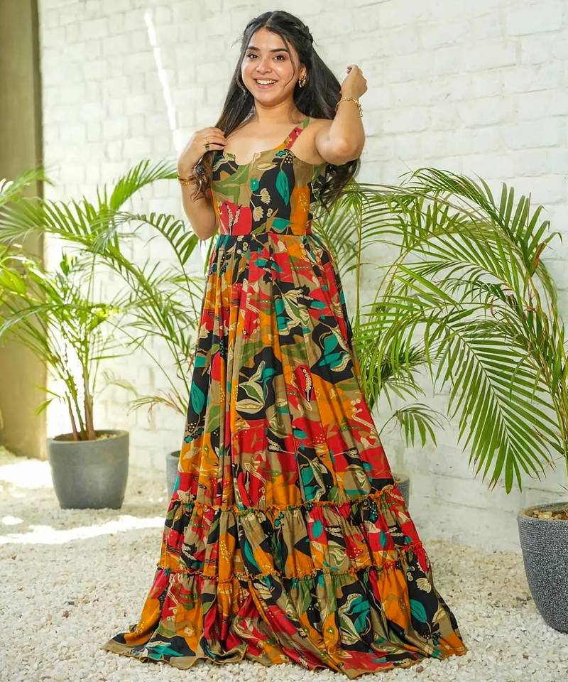 Multicolor digital printed rayon traditional anarkali gown