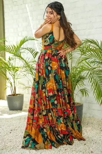 Multicolor digital printed rayon traditional anarkali gown