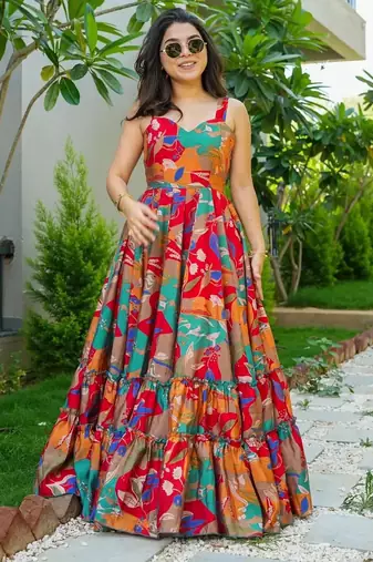 Multicolor digital printed rayon traditional anarkali gown