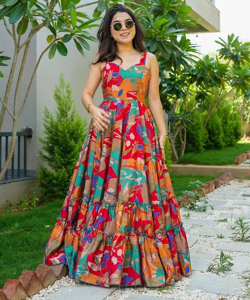 Multicolor digital printed rayon traditional anarkali gown