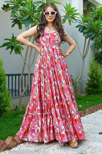 Pink digital printed rayon traditional anarkali gown