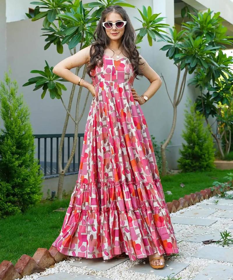 Pink digital printed rayon traditional anarkali gown