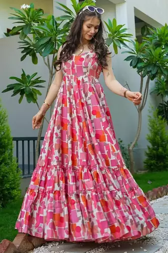 Pink digital printed rayon traditional anarkali gown