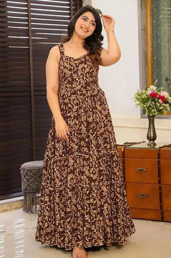 Brown digital printed rayon traditional anarkali gown