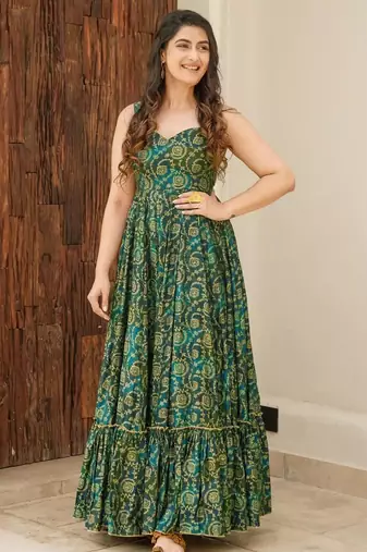 Bottle green digital printed rayon traditional anarkali gown