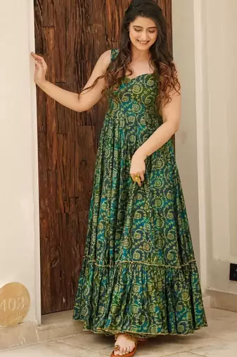Bottle green digital printed rayon traditional anarkali gown
