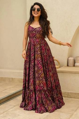Purple digital printed rayon traditional anarkali gown