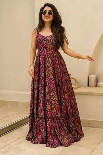 Purple digital printed rayon traditional anarkali gown