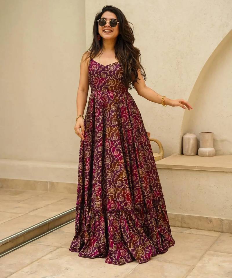 Purple digital printed rayon traditional anarkali gown