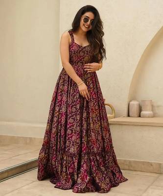 Purple digital printed rayon traditional anarkali gown 2