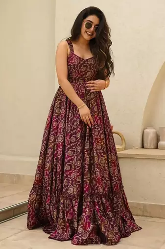 Purple digital printed rayon traditional anarkali gown