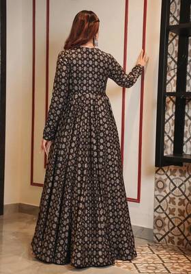 Coal black digital printed muslin traditional anarkali gown with shrug 4