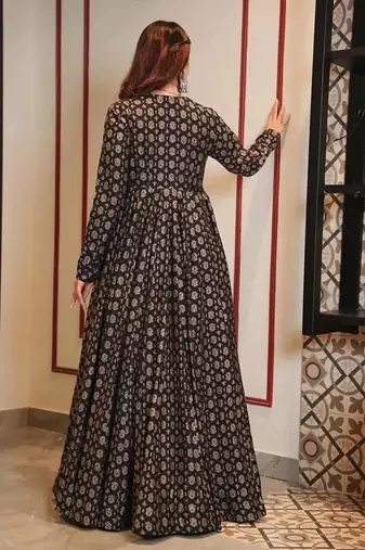 Coal black digital printed muslin traditional anarkali gown with shrug