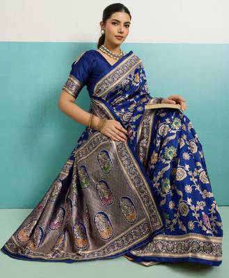 blue silk blend saree with meenakari floral woven jaal design 1