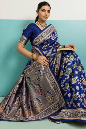 Blue elegant soft banarasi silk saree with meenakari floral jaal weaving