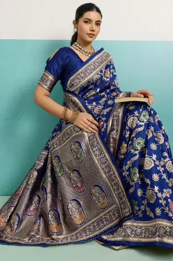 Blue elegant soft banarasi silk saree with meenakari floral jaal weaving