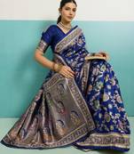 blue silk blend saree with meenakari floral woven jaal design